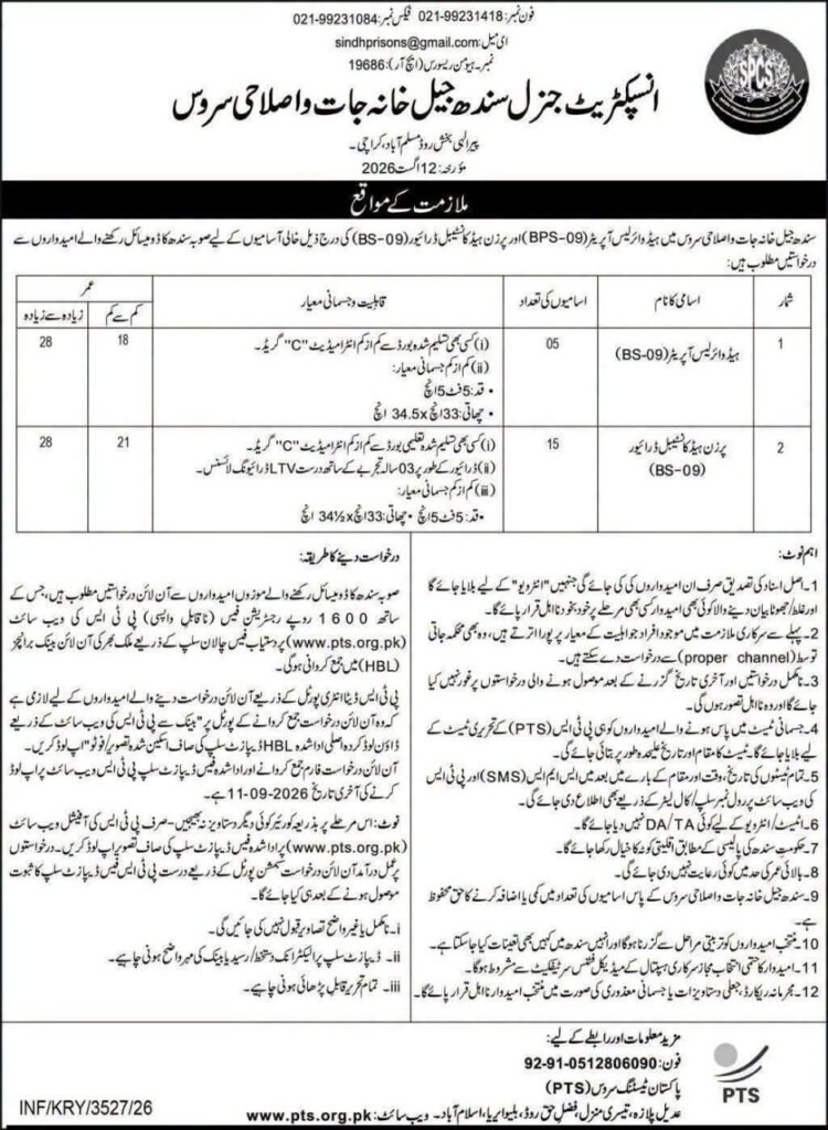 🚔 Sindh Prisons Jobs 2026 – Head Warder Police Operator & Prison Head Special Driver | 20 Vacancies whatsapp image 2026 08 19 at 9.14.26 am