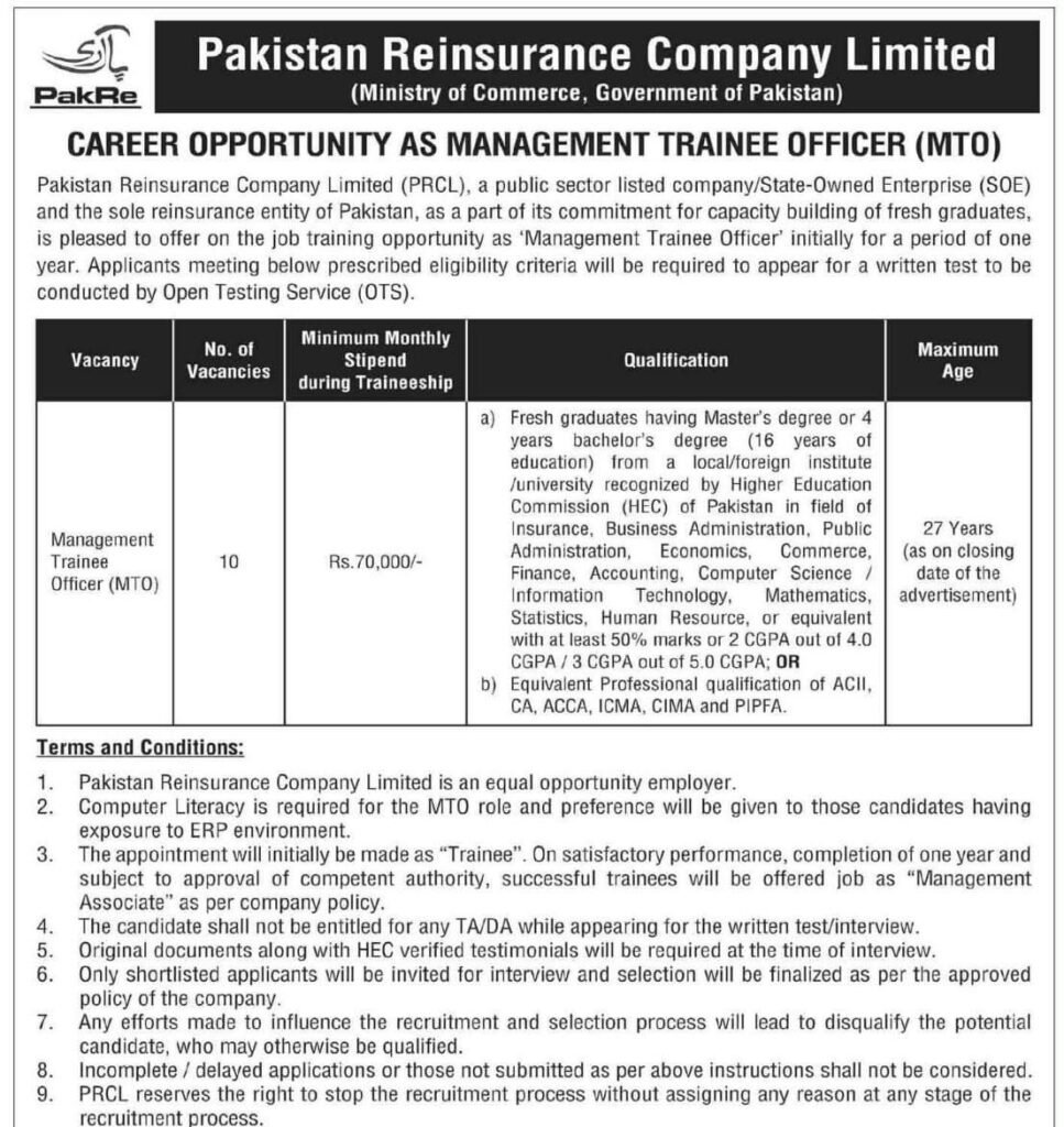 Pakistan Reinsurance Company Limited (PRCL) Management Trainee Officer (MTO) Jobs 2026 – Apply Online Img 20260810 Wa00004967802886215503994 967x1024